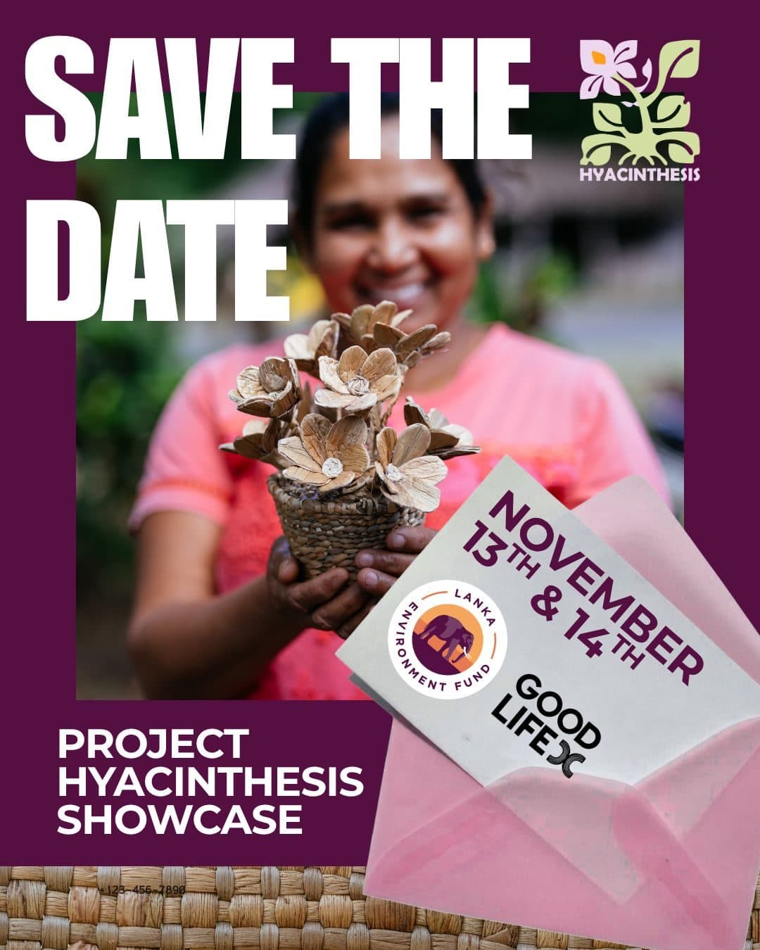 Save the date poster for the Project Hyacinthesis Showcase on 13 and 14 November: a woman holds out flowers woven from water hyacinth